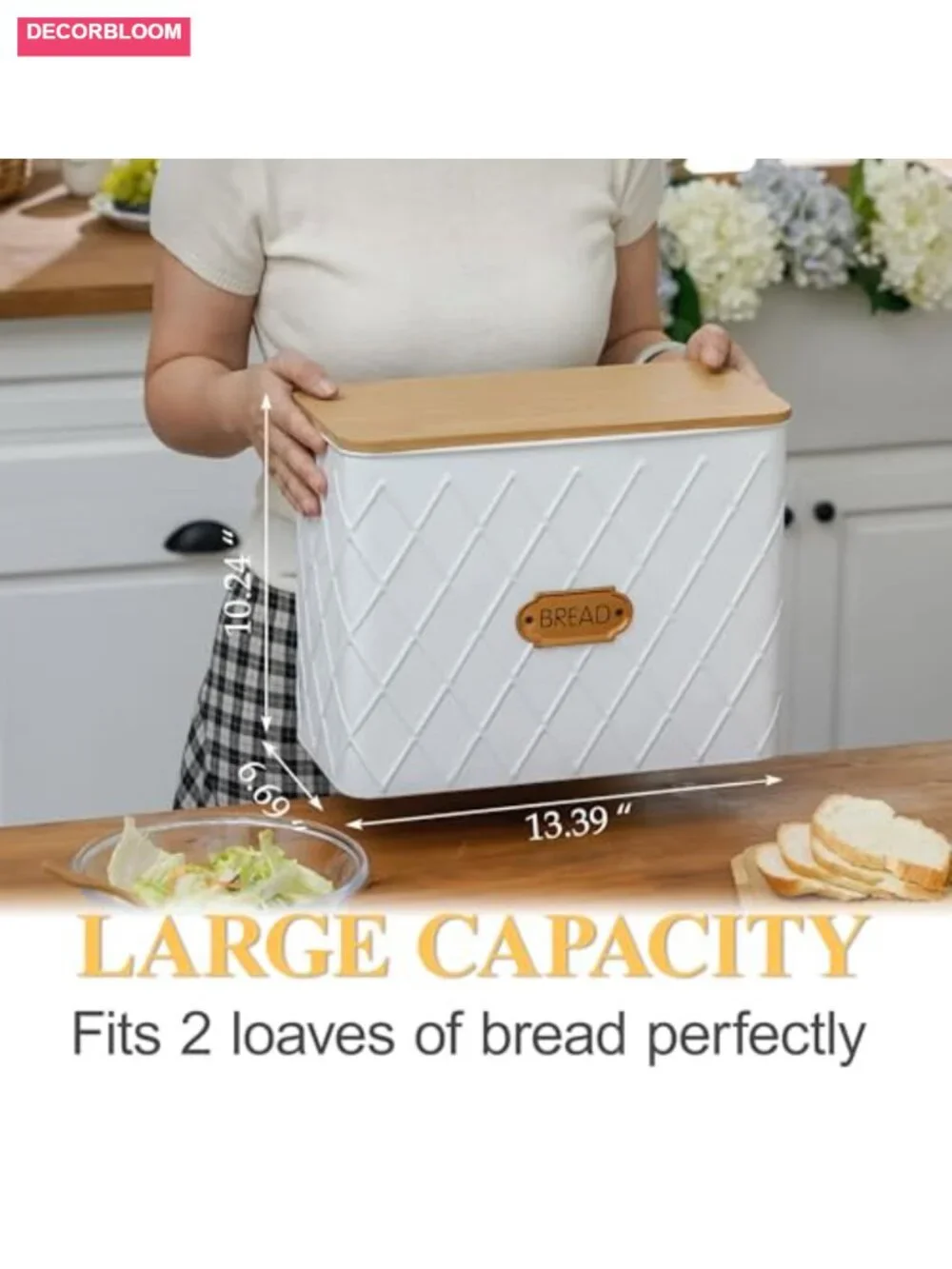 Extra Large Pantry Bread Box with Bamboo Lid, Vented Carbon Steel